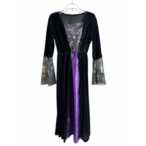 Sorcery Witch Costume Black Velvet Purple Spiderweb Gothic Halloween Dress